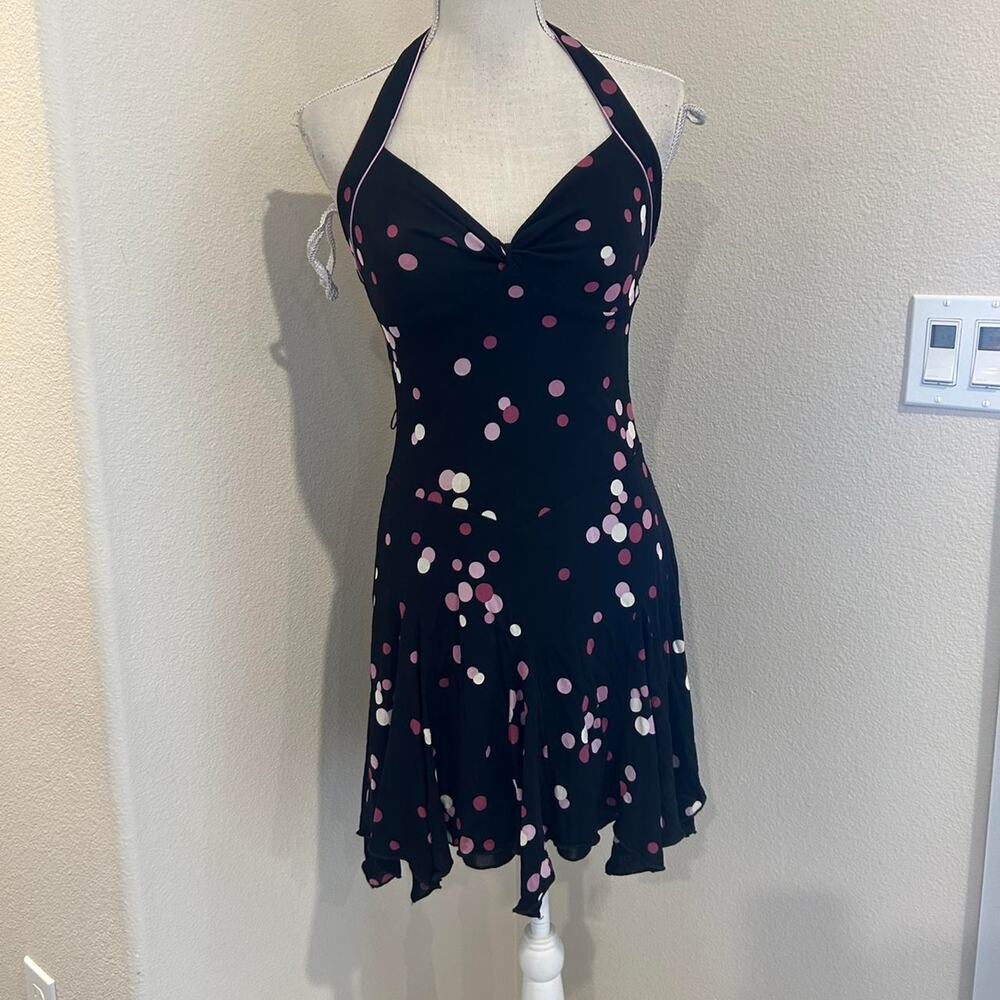Bebe black and pink polkadot halter mini dress. Size small
